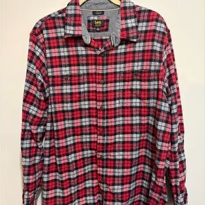 Lee Men's Red and Black Plaid Button Down Shirt